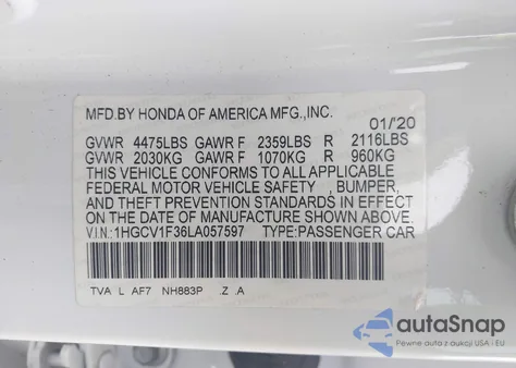 2020 Honda Accord Sport z USA, uszkodzony, nr VIN 1HGCV1F36LA057597